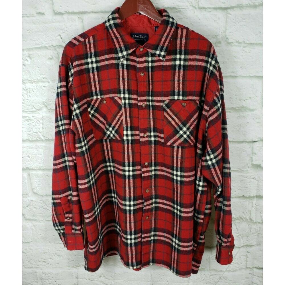 John Blair Men's Flannel Shirt Red Plaid Size XL Chest Pockets Button Down
